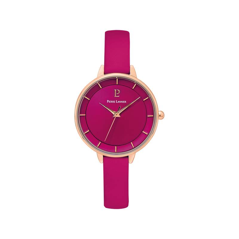 Montre PIERRE LANNIER femme acier doré rose bracelet cuir framboise - vue 1