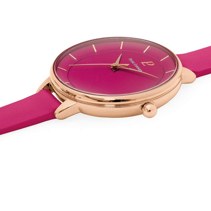 Montre PIERRE LANNIER femme acier doré rose bracelet cuir framboise - vue 2