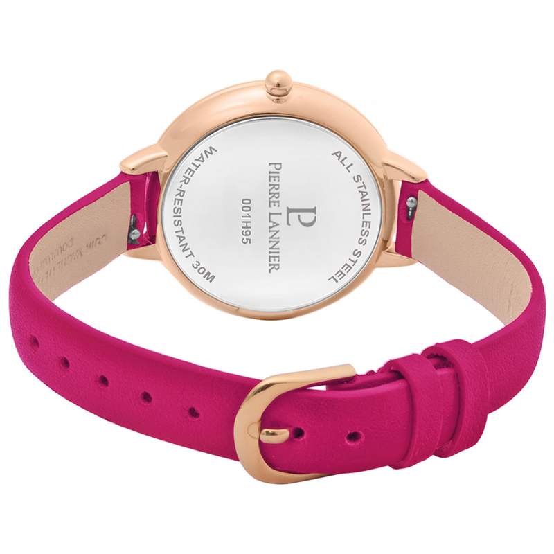 Montre PIERRE LANNIER femme acier doré rose bracelet cuir framboise - vue 3