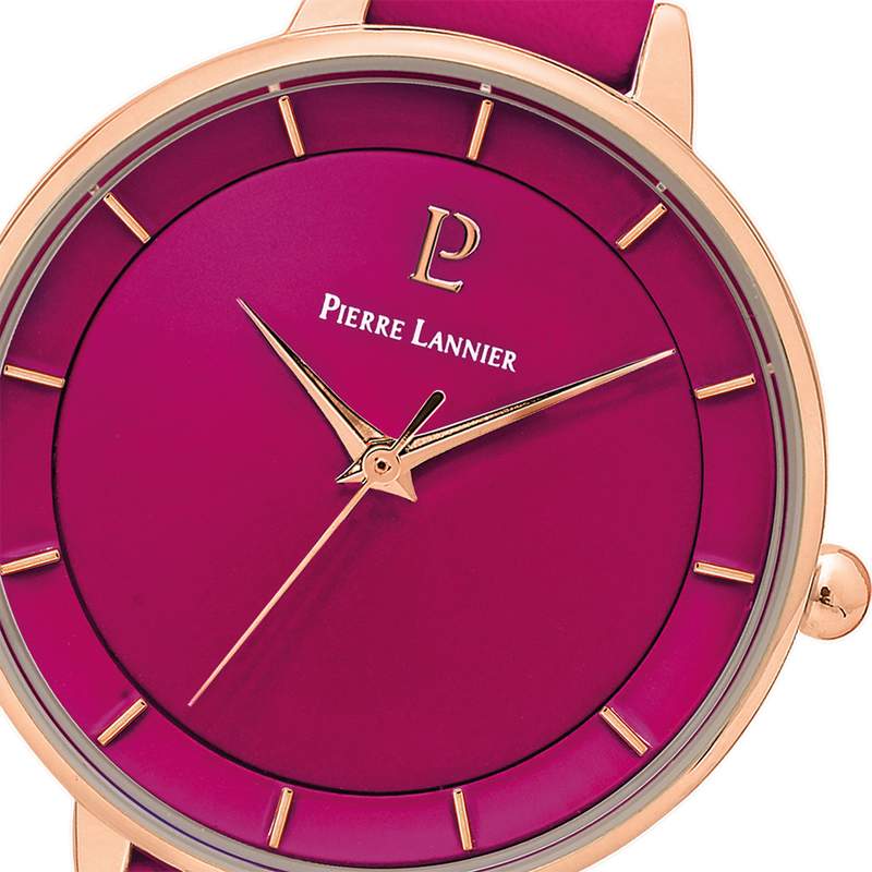 Montre PIERRE LANNIER femme acier doré rose bracelet cuir framboise - vue D1