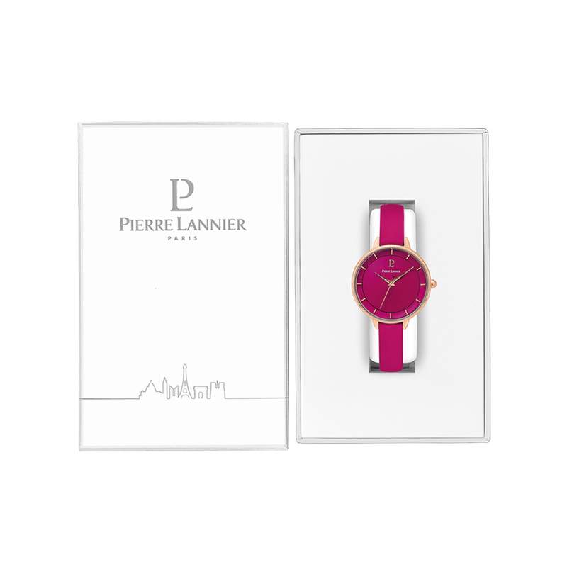 Montre PIERRE LANNIER femme acier doré rose bracelet cuir framboise - vue D2