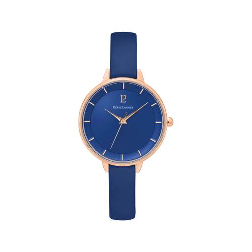 PIERRE LANNIER women's pink gold stainless steel watch with blue leather strap