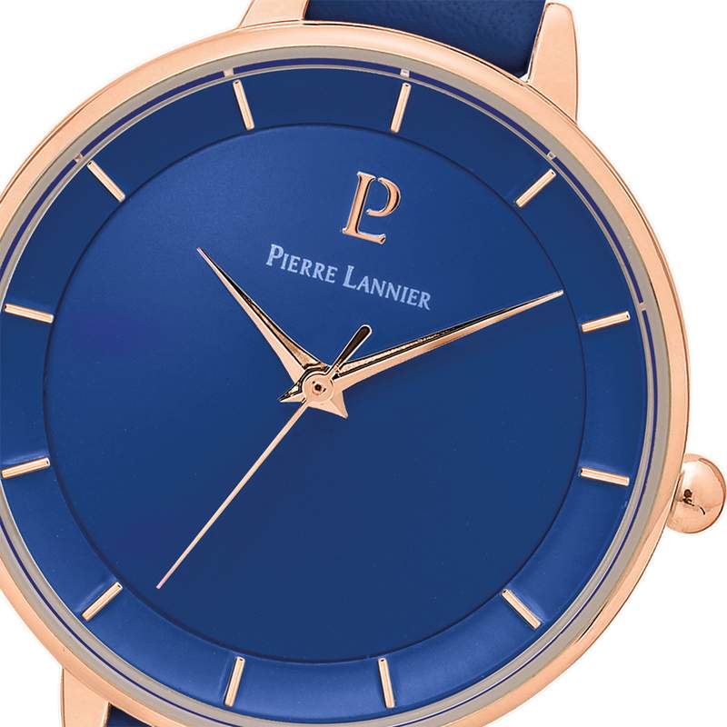 Montre PIERRE LANNIER femme acier doré rose bracelet cuir bleu - vue D1