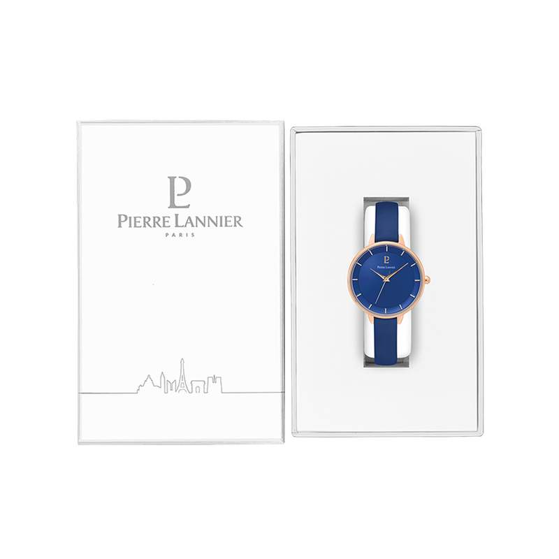 Montre PIERRE LANNIER femme acier doré rose bracelet cuir bleu - vue D2