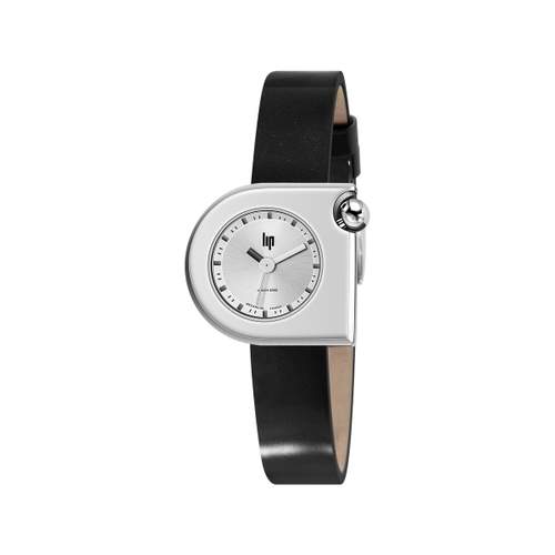 LIP women's stainless steel watch with black leather strap