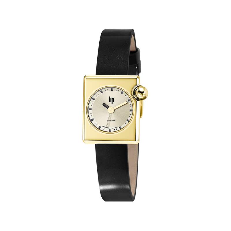Montre LIP femme acier doré jaune bracelet cuir noir - vue 1