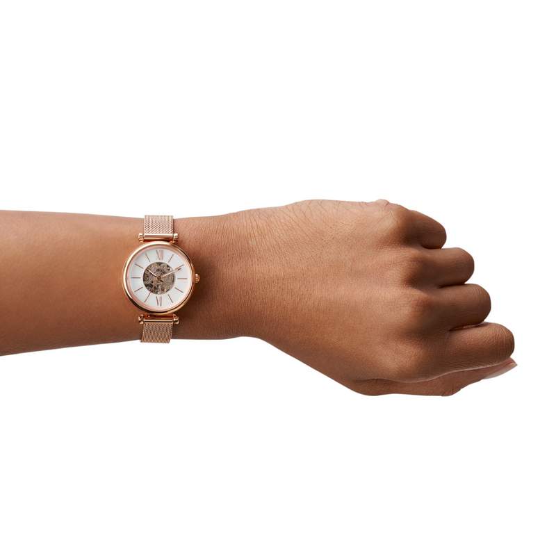 Montre FOSSIL femme automatique bracelet acier doré rose - vue porté 1