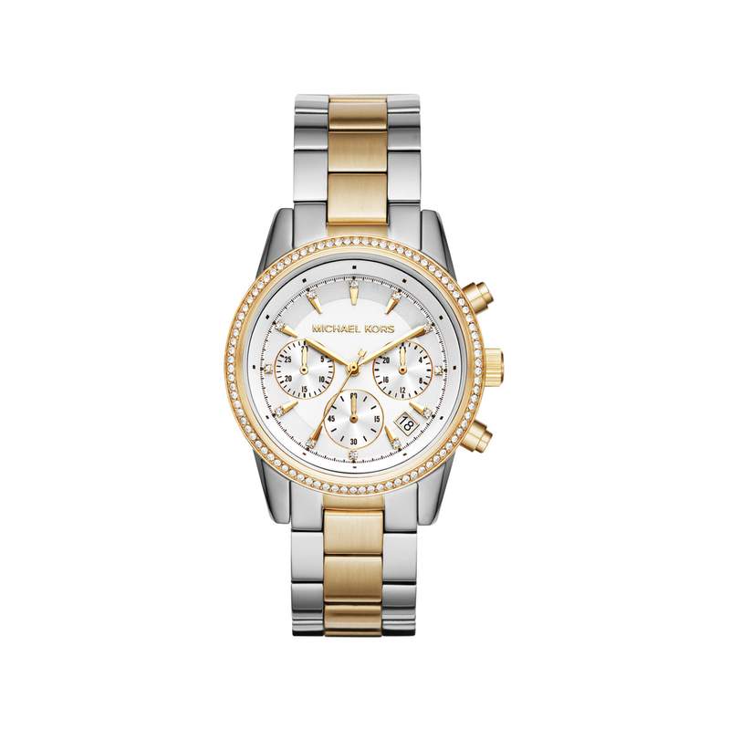 Montre MICHAEL KORS femme chronographe bracelet acier bicolore jaune - vue 1