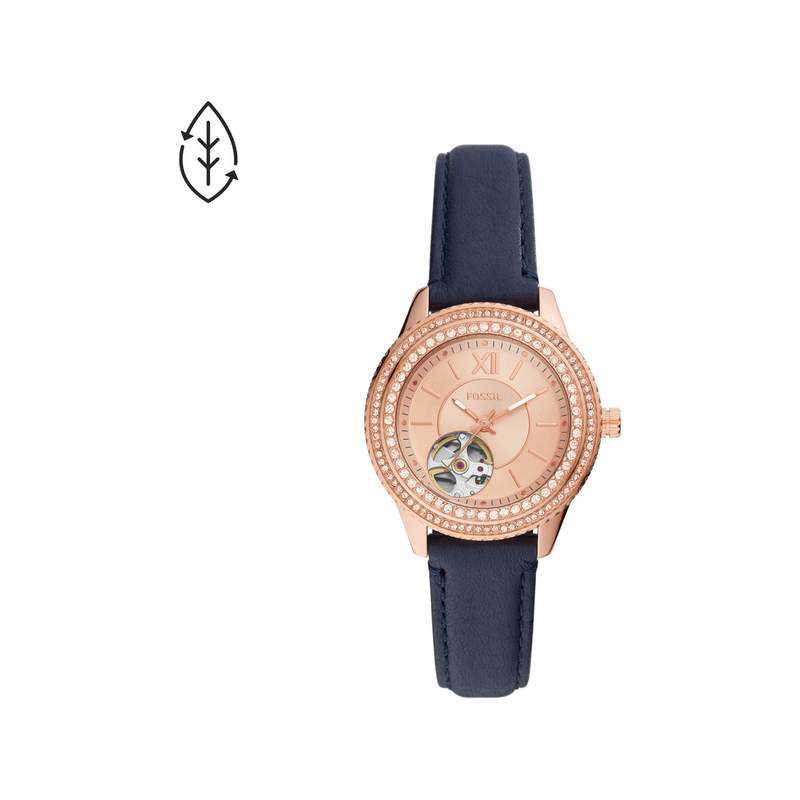 Montre FOSSIL femme automatique acier doré rose bracelet cuir bleu marine - vue 1