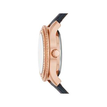 FOSSIL automatisch dameshorloge in roségoud roestvrij staal met marineblauwe leren band