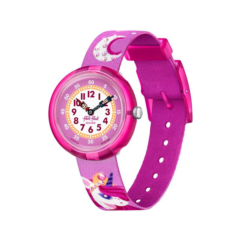 Montre FLIK FLAK DREAMING UNICORN enfant cadran rose bracelet rose pet recyclé - vue 1