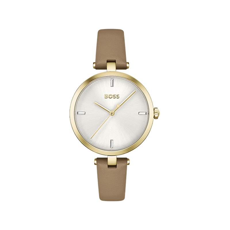 Montre BOSS Majesty femme acier doré jaune bracelet cuir marron - vue 1