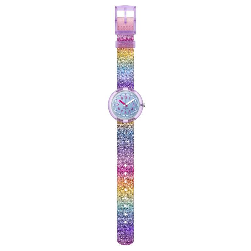 Montre FLIK FLAK SHINE IN RAINBOW enfant bracelet tissu recyclé rose - vue D1