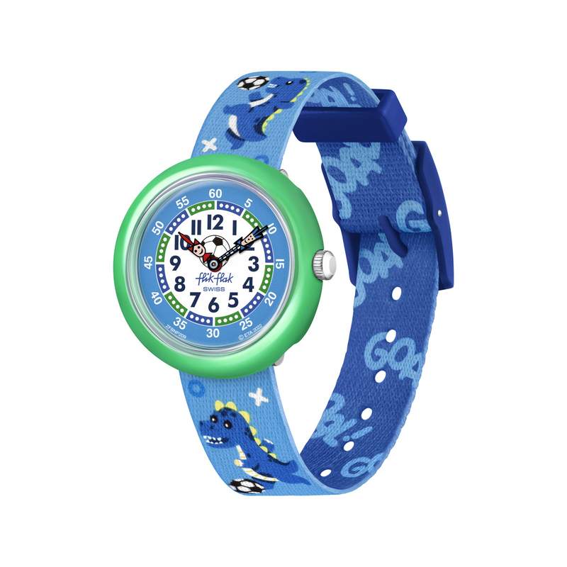 Montre Flik Flak Move your body enfant plastique biosourcé turquoise bracelet tissu recyclé bleu dinosaure - vue 1