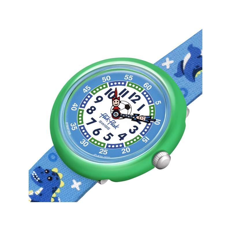 Montre Flik Flak Move your body enfant plastique biosourcé turquoise bracelet tissu recyclé bleu dinosaure - vue 2