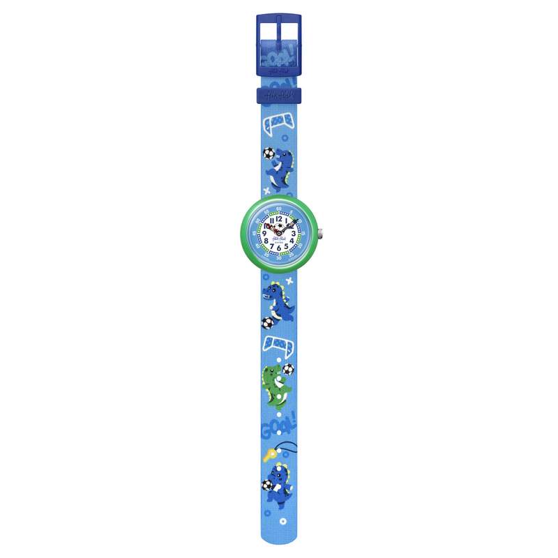 Montre Flik Flak Move your body enfant plastique biosourcé turquoise bracelet tissu recyclé bleu dinosaure - vue D1