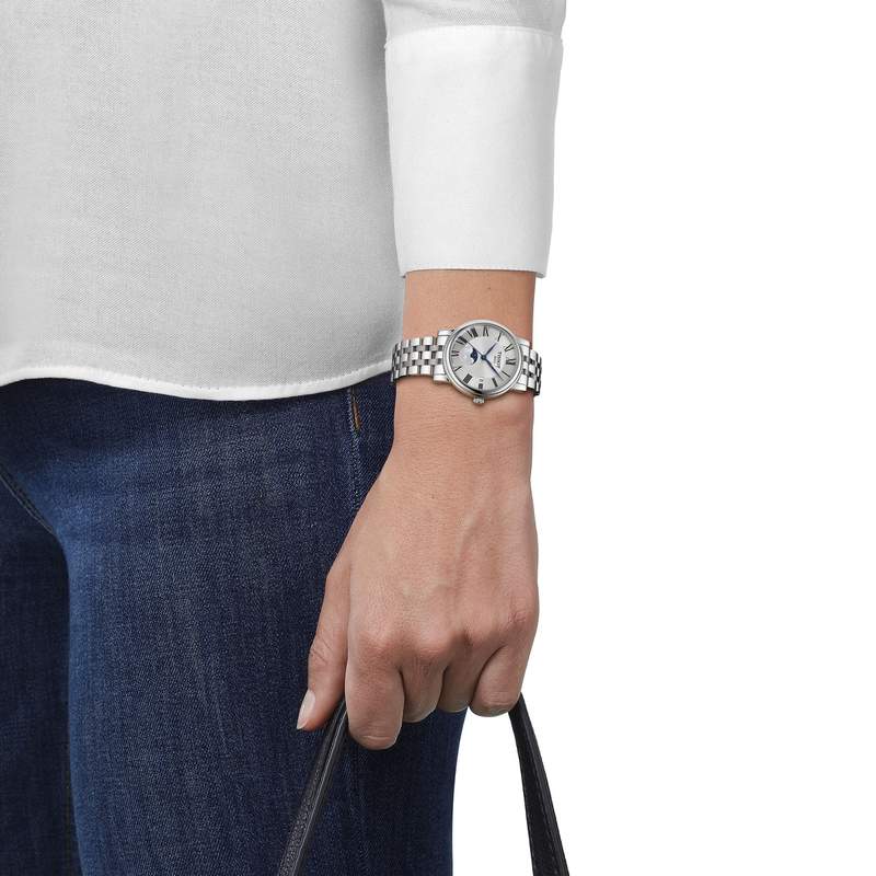 Montre TISSOT T-CLASSIC CARSON PREMIUM LADY MOONPHASE femme cadran gris bracelet acier inoxydable - vue porté 1