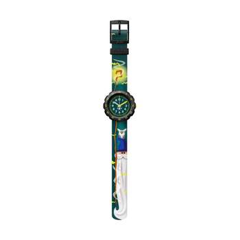 Flik Flak Wizarmazing Kids' Watch: Bio-based Plastic Case, Black, Green PET Strap, Wizard Design