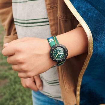 Flik Flak Wizarmazing Kids' Watch: Bio-based Plastic Case, Black, Green PET Strap, Wizard Design