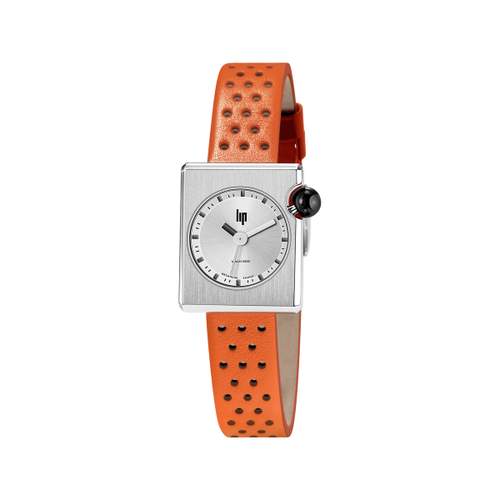 LIP Mach 2000 Mini Square ladies' watch stainless steel orange leather strap