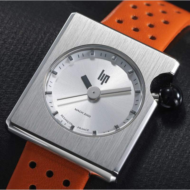 Montre LIP Mach 2000 Mini Square femme acier bracelet cuir orange - vue D1