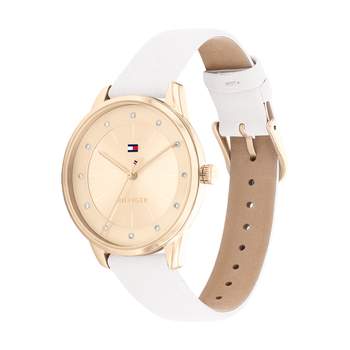 TOMMY HILFIGER Paige dameshorloge van roségoudkleurig staal met witte leren band