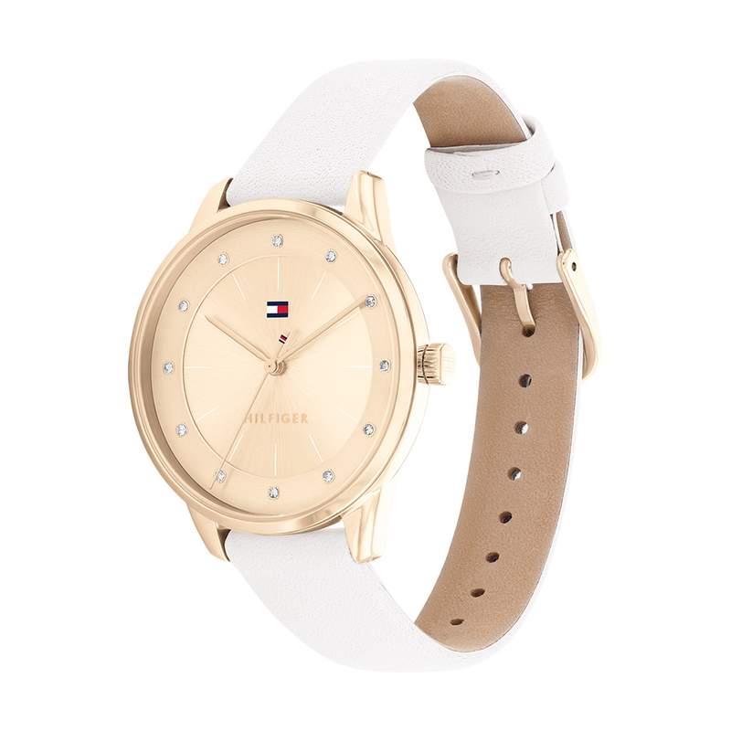 Montre TOMMY HILFIGER Paige femme acier doré rose bracelet cuir blanc - vue D1