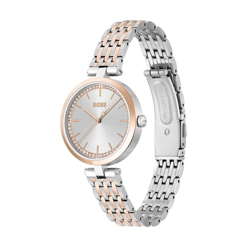 Montre BOSS business femme bracelet acier bicolore rose - vue D1