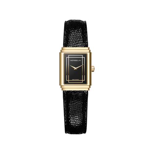 HERBELIN Art Deco ladies' watch in yellow-gold-plated steel with black leather strap