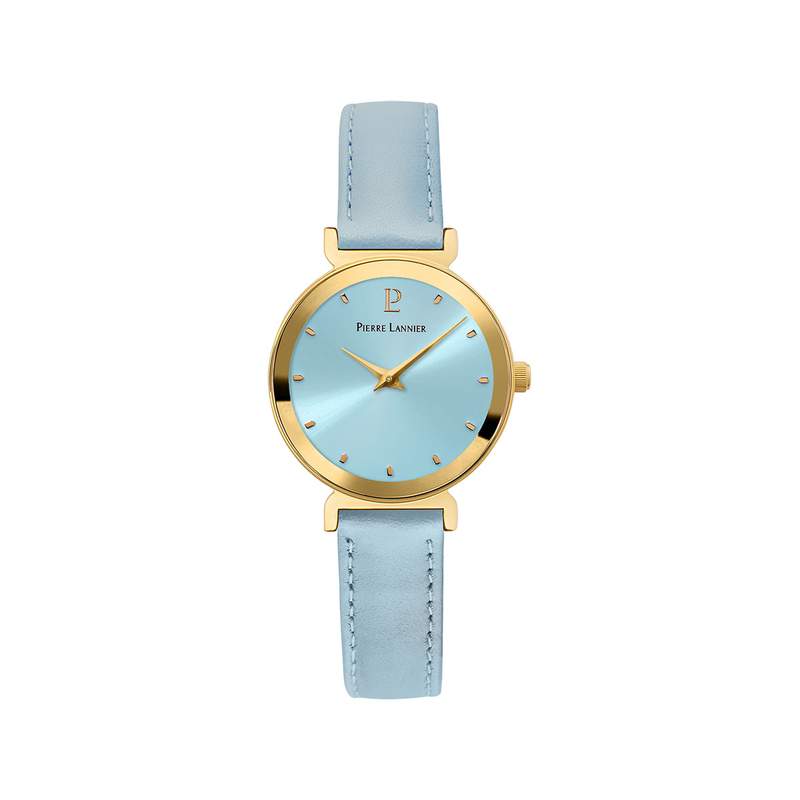 Montre PIERRE LANNIER Ligne Pure femme acier doré jaune bracelet cuir bleu ciel - vue 1