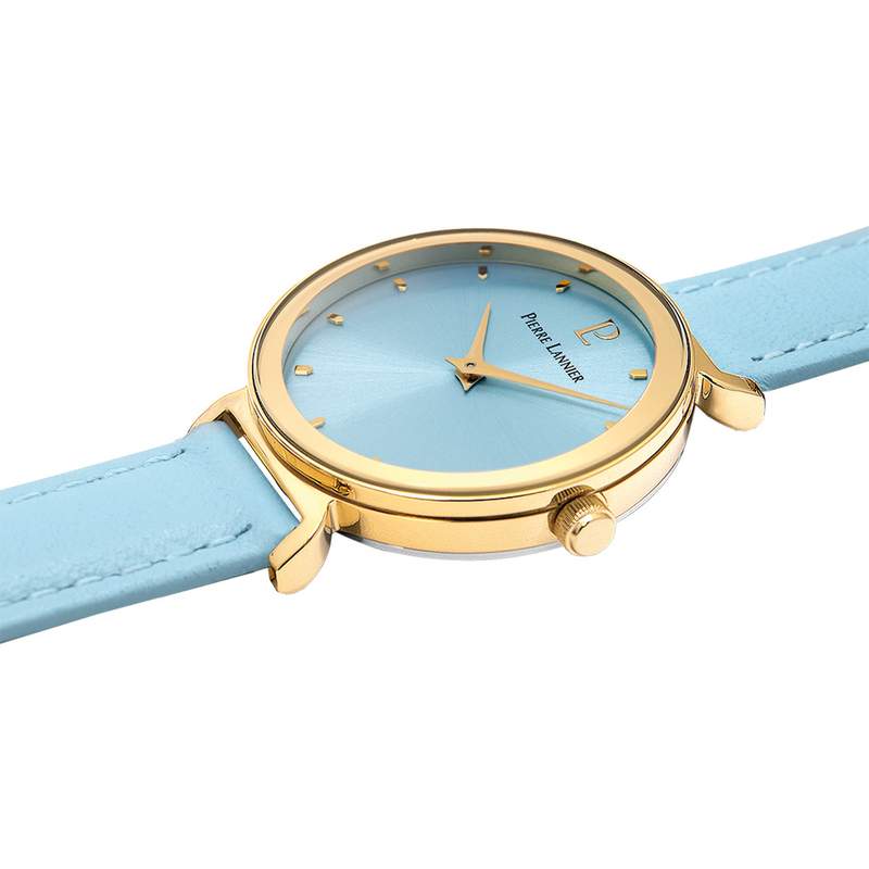 Montre PIERRE LANNIER Ligne Pure femme acier doré jaune bracelet cuir bleu ciel - vue 2