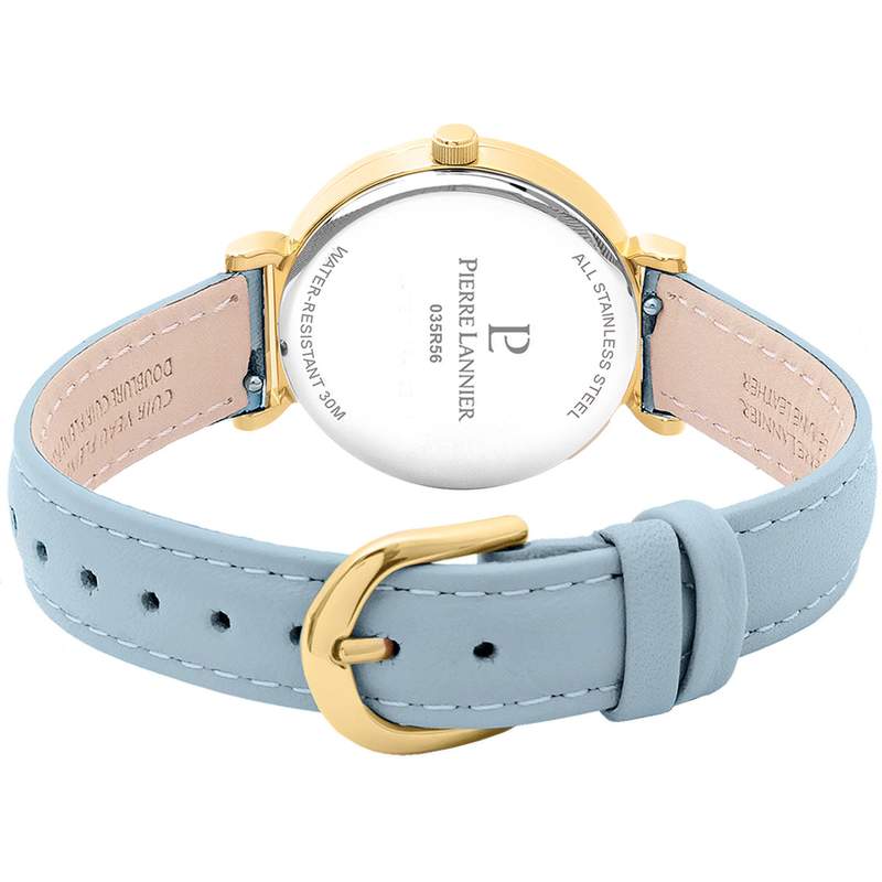 Montre PIERRE LANNIER Ligne Pure femme acier doré jaune bracelet cuir bleu ciel - vue 3
