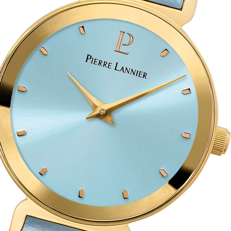 Montre PIERRE LANNIER Ligne Pure femme acier doré jaune bracelet cuir bleu ciel - vue D1
