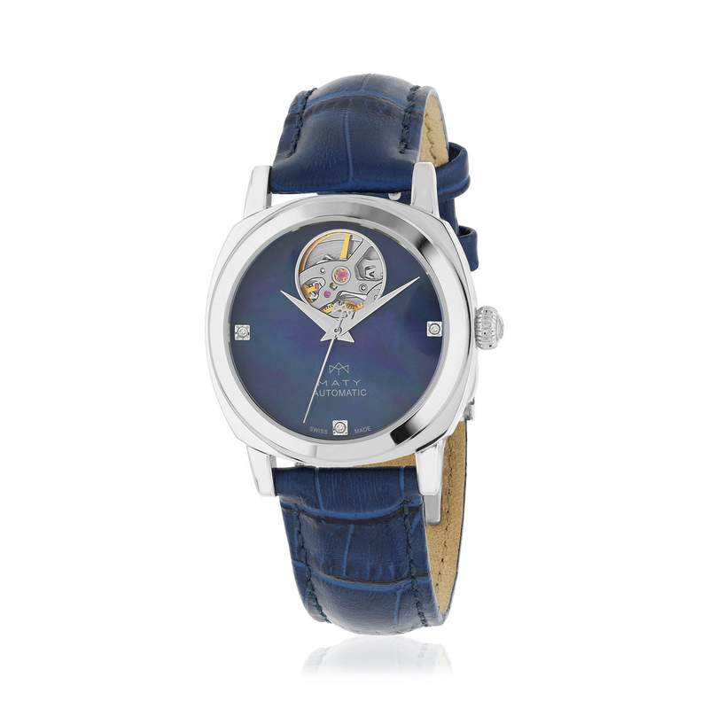 Montre MATY GM automatique cadran bleu bracelet cuir bleu - vue 1
