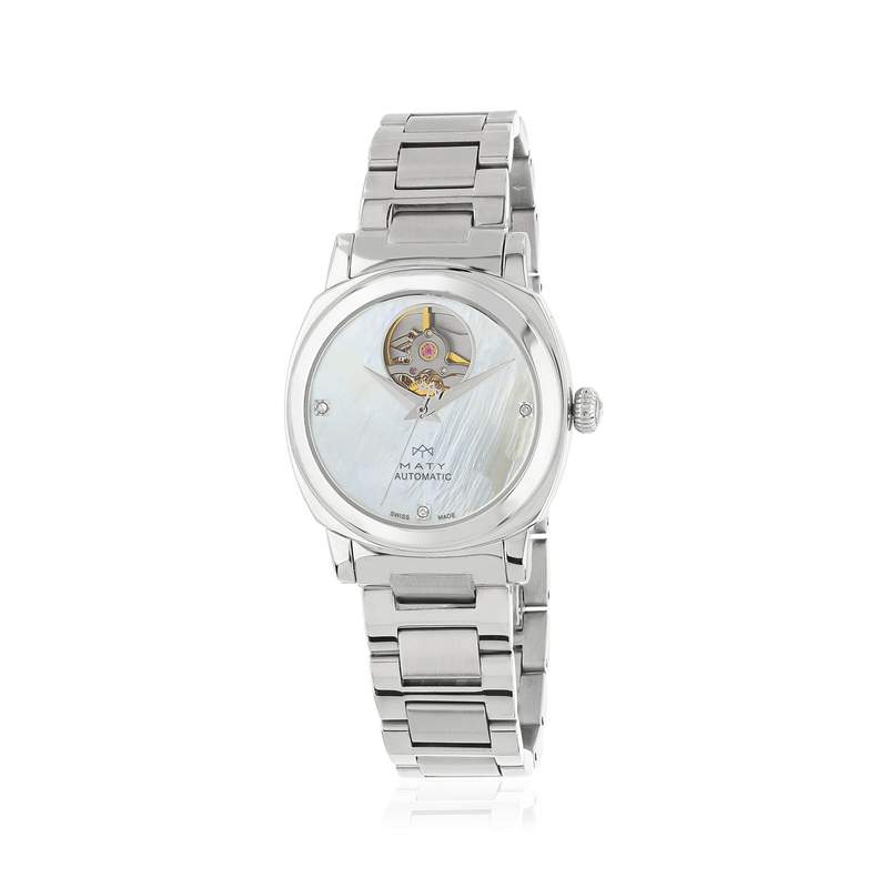 MATY GM automatisch horloge met witte wijzerplaat en stalen band - afbeelding 1