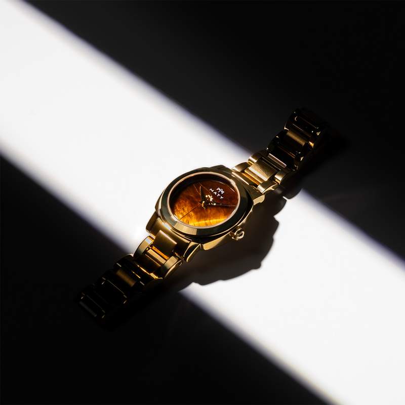 MATY GM watch stone dial tiger eye stainless steel bracelet gold plated - view D4