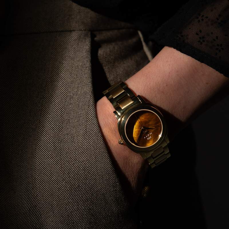 MATY GM watch stone dial tiger eye stainless steel bracelet gold - view worn 1