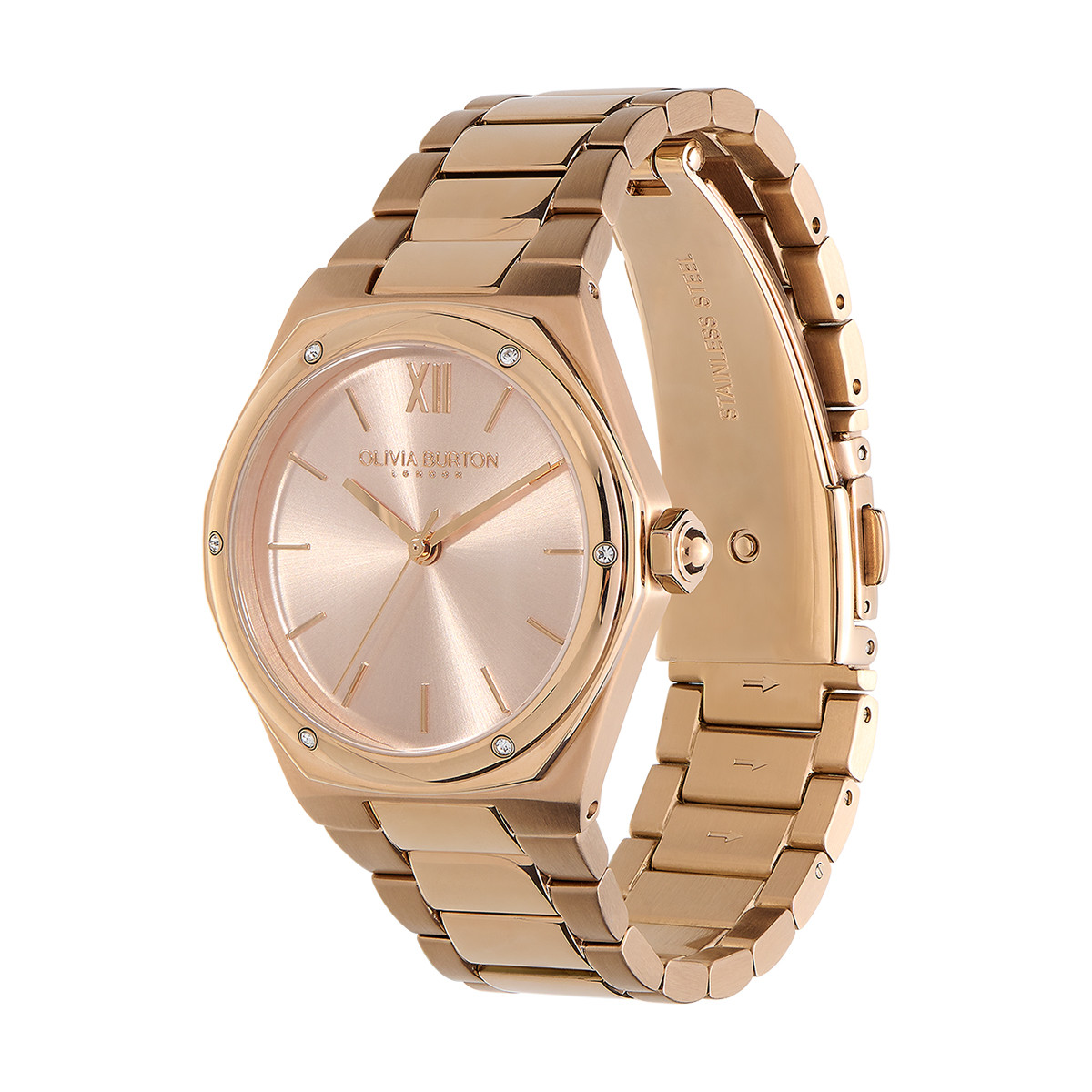 Montre OLIVIA BURTON hexa femme analogique, bracelet acier doré rose - vue D1