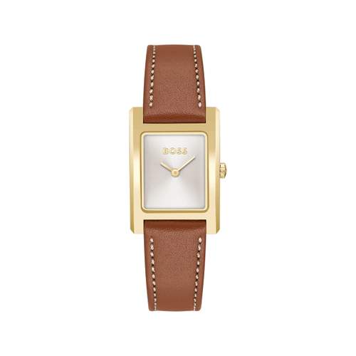BOSS business women's stainless steel watch with brown leather strap