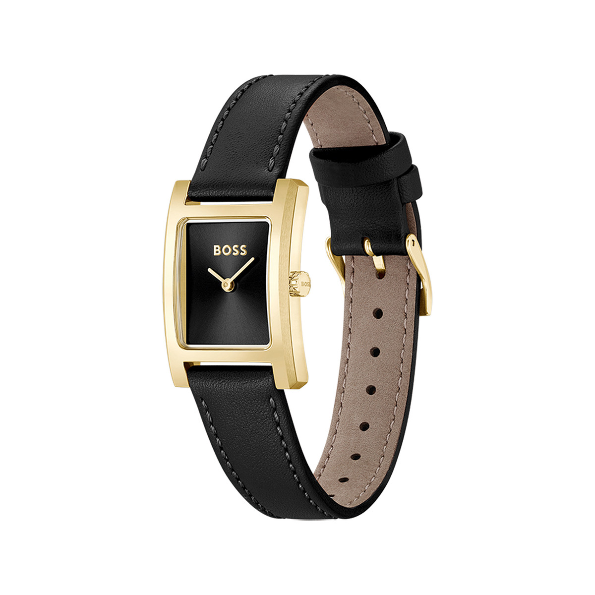 Montre BOSS business femme acier doré bracelet cuir noir - vue 2