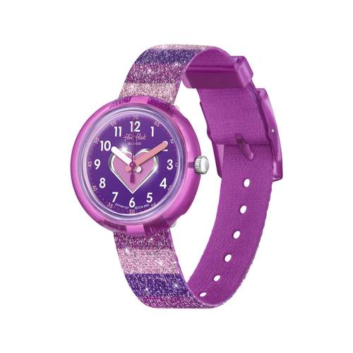 Montre Flik Flak Color my life Stripy Glitter enfant plastique biosourcé bracelet PET recyclé rose