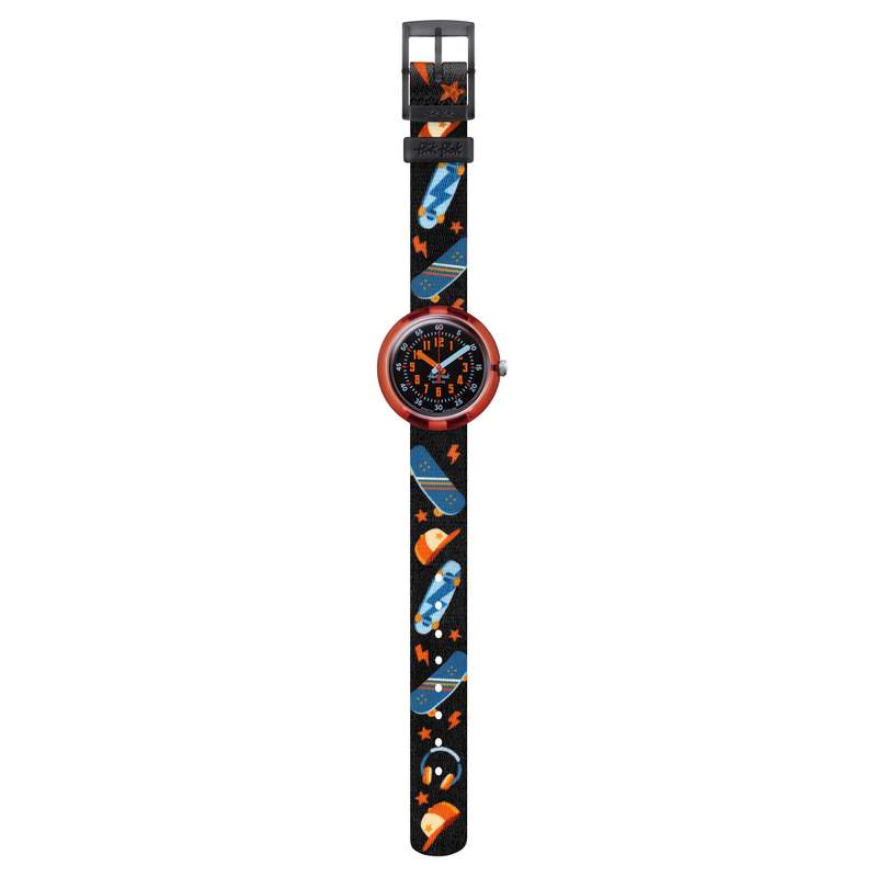 Montre Flik Flak Sport lovers Skate squad enfant plastique biosourcé bracelet PET recyclé noir - vue D1