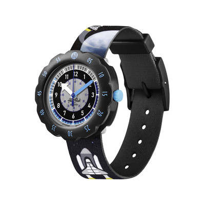 Montre Flik Flak Space trip Moon and back enfant plastique biosourcé bracelet PET recyclé noir - vue 1