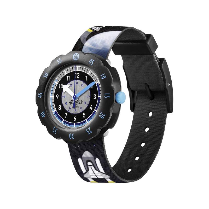 Montre Flik Flak Space trip Moon and back enfant plastique biosourcé bracelet PET recyclé noir - vue 1