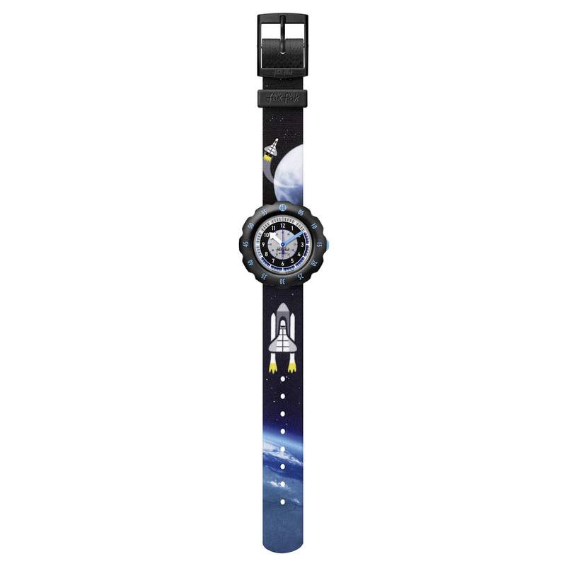 Montre Flik Flak Space trip Moon and back enfant plastique biosourcé bracelet PET recyclé noir - vue D1
