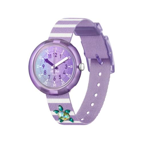 Montre Flik Flak Shine bright Shining turtle enfant bracelet plastique biosourcé violet