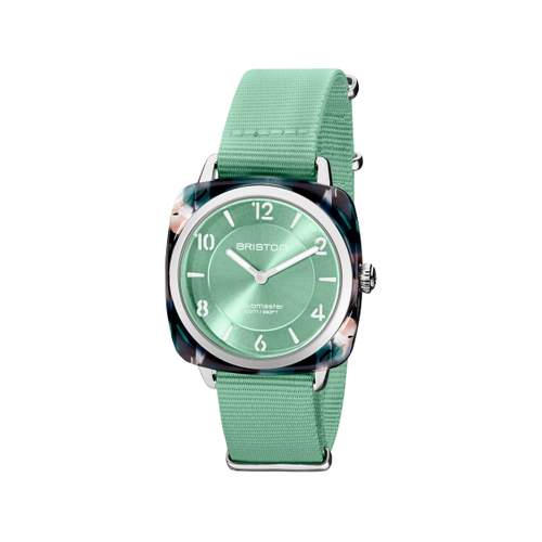 BRISTON clubmaster chic dameshorloge met lichtgroene stoffen band