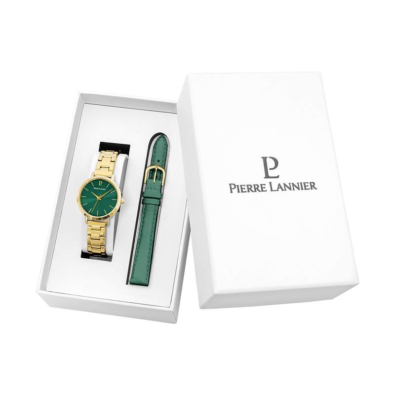 Coffret Montre PIERRE LANNIER Chouquette femme bracelet acier doré et bracelet cuir vert - vue 1