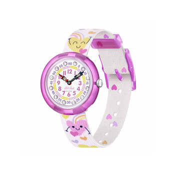 Watch Flik Flak Organized Chaos Bouncing Hearts child bracelet pet recycle white