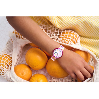 Watch Flik Flak Organized Chaos Bouncing Hearts child bracelet pet recycle white